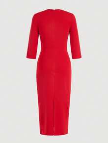 优雅女士中长连衣裙，修身剪裁，红色，适合下午茶、教堂、办公室、约会、生日派对、春秋季休闲穿着。 - 紅色 - 查看 7