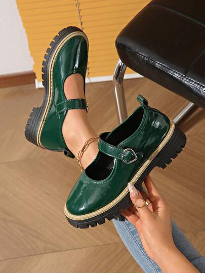 Black Mary Jane Casual Shoes For Women, Thick Sole, Non-Slip, Buckle Strap, Chunky Heel, Suitable For Spring And Autumn