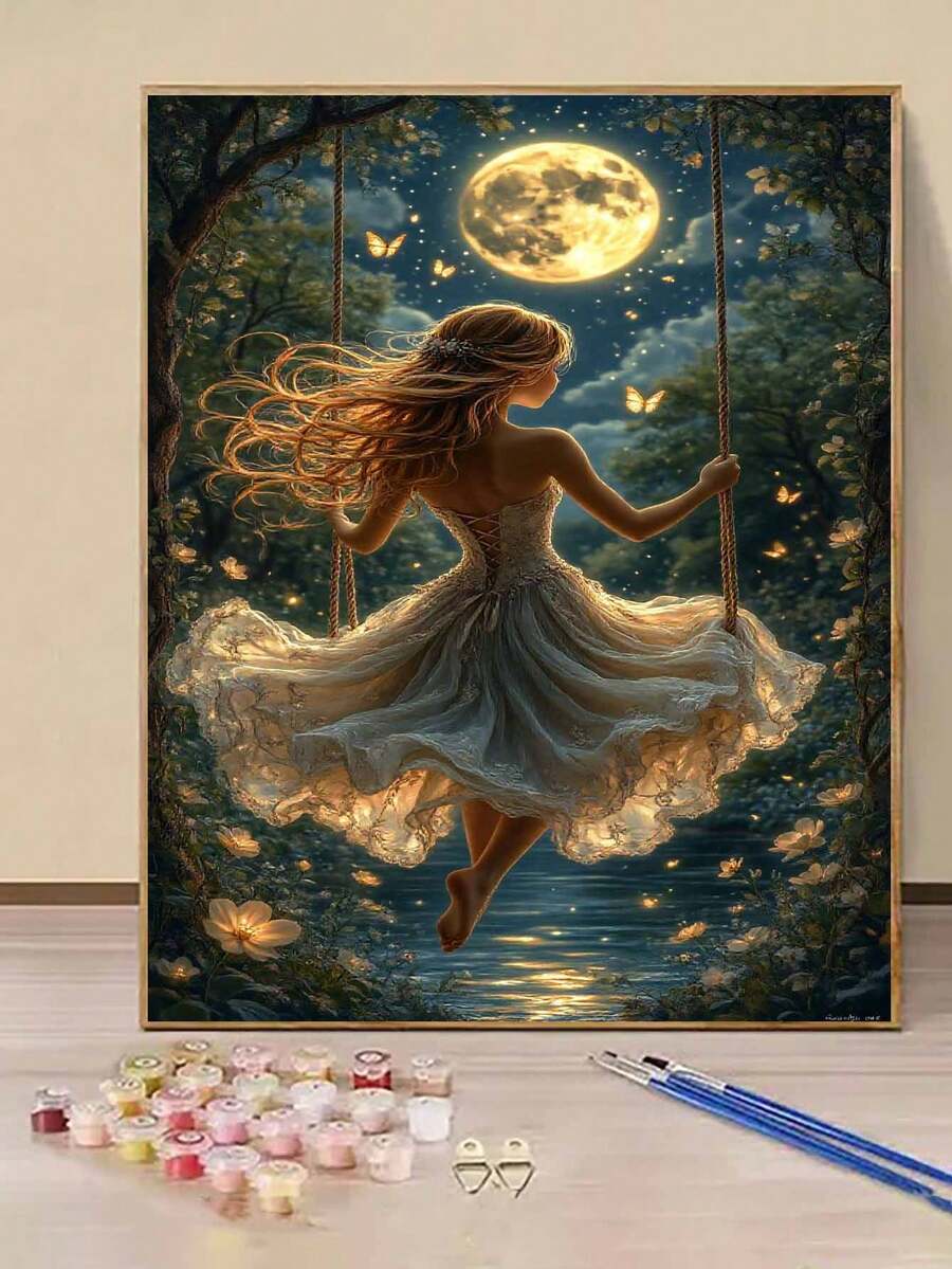 Moonlit Fairy DIY Paint By Numbers Kit, Adult Craft Kit, Frameless Art Oil Painting Set, Bedroom Decor, Art Wall Decor, Easy & Fun Painting, No Skills Needed, Fulfill Your Artist Dream, Immerse Yourself In Color, Each Stroke Is SelfExpression, Add Romance To Life, Best Gift For Family & Friends, Halloween Christmas Holiday Gift 40*50CM - 彩色 - 查看 1