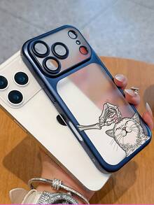 Cartoon Skeleton Hand Petting Cat Print PC Phone Case For IPhone 12 13 14 15 16 17 - Transparent Back Protective Cover With Orange Frame, Cute Gothic Y2K Style For Women Girls, Daily Use & Gi - 藍色 - 查看 2