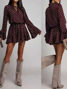 Women's Bohemian Polka Dot A-Line Mini Dress, Tie Neck, Long Ruffle Sleeves, Ruffle Hem, Woven Fabric, Button Front Detail Vacation Spring Elegant - Burgundy - View 3