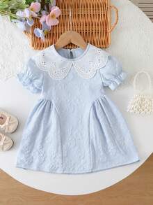Girls' Light Blue Jacquard Doll Dress, Hollow Out Collar Ruffle Trim Short Sleeve Dress, Suitable For Everyday Wear
