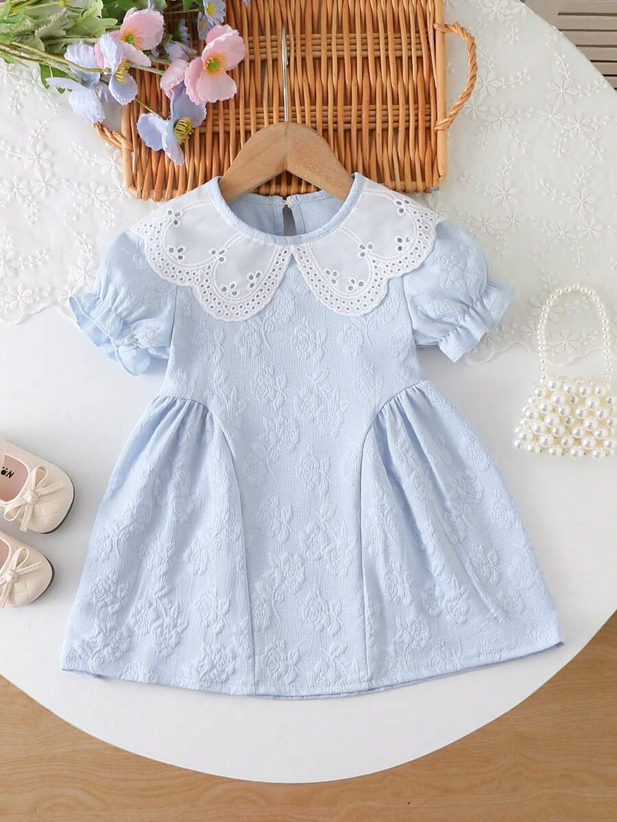 Girls' Light Blue Jacquard Doll Dress, Hollow Out Collar Ruffle Trim Short Sleeve Dress, Suitable For Everyday Wear