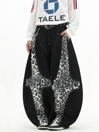 1pc Casual High Street Style Patchwork Curved Knife Loose Fit Versatile Leopard Print Men's Wide Leg Jeans Pants (Belt And Accessories Not Included)
