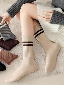 1/3/5 Đôi tất cotton sọc cổ điển mùa thu/đông, phong cách đại học cổ điển, đa năng, ấm áp, độ đàn hồi cao, chống xù lông, thân thiện với da, thoáng khí, mềm mại và thoải mái, thích hợp cho việc đi lại hàng ngày - Nhiều màu - Xem 4