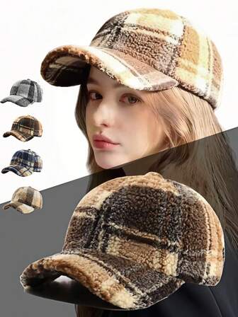 1pc Autumn/Winter Plush Plaid Baseball Cap, Retro British Style Warm Peaked Cap, Versatile Fashion Hat Suitable For Women Daily Wear, Photo Shooting, Shopping, Gift
