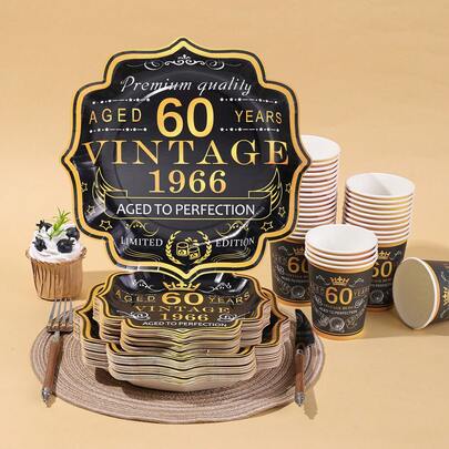 10pcs/20pcs/30pcs/60pcs,Black&Gold Vintage 60th Party Tableware Set,Back In 1966 60th Theme Birthday Disposable 9Inch And 7Inch Ornament Paper Plates And 9oz Cups Party Table Supplies, Cheers To 60 Years Paper Plate Cup For Men And Women Anniversary Single Birthday Party Decoration