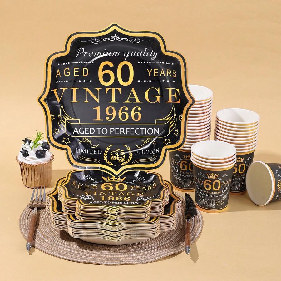 10pcs/20pcs/30pcs/60pcs,Black&Gold Vintage 60th Party Tableware Set,Back In 1966 60th Theme Birthday Disposable 9Inch And 7Inch Ornament Paper Plates And 9oz Cups Party Table Supplies, Cheers To 60 Years Paper Plate Cup For Men And Women Anniversary Single Birthday Party Decoration