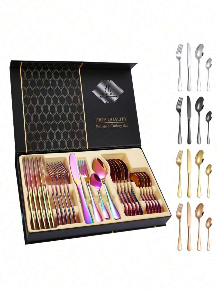 24-Piece Silver Stainless Steel Cutlery Set With Spoon, Gift Box