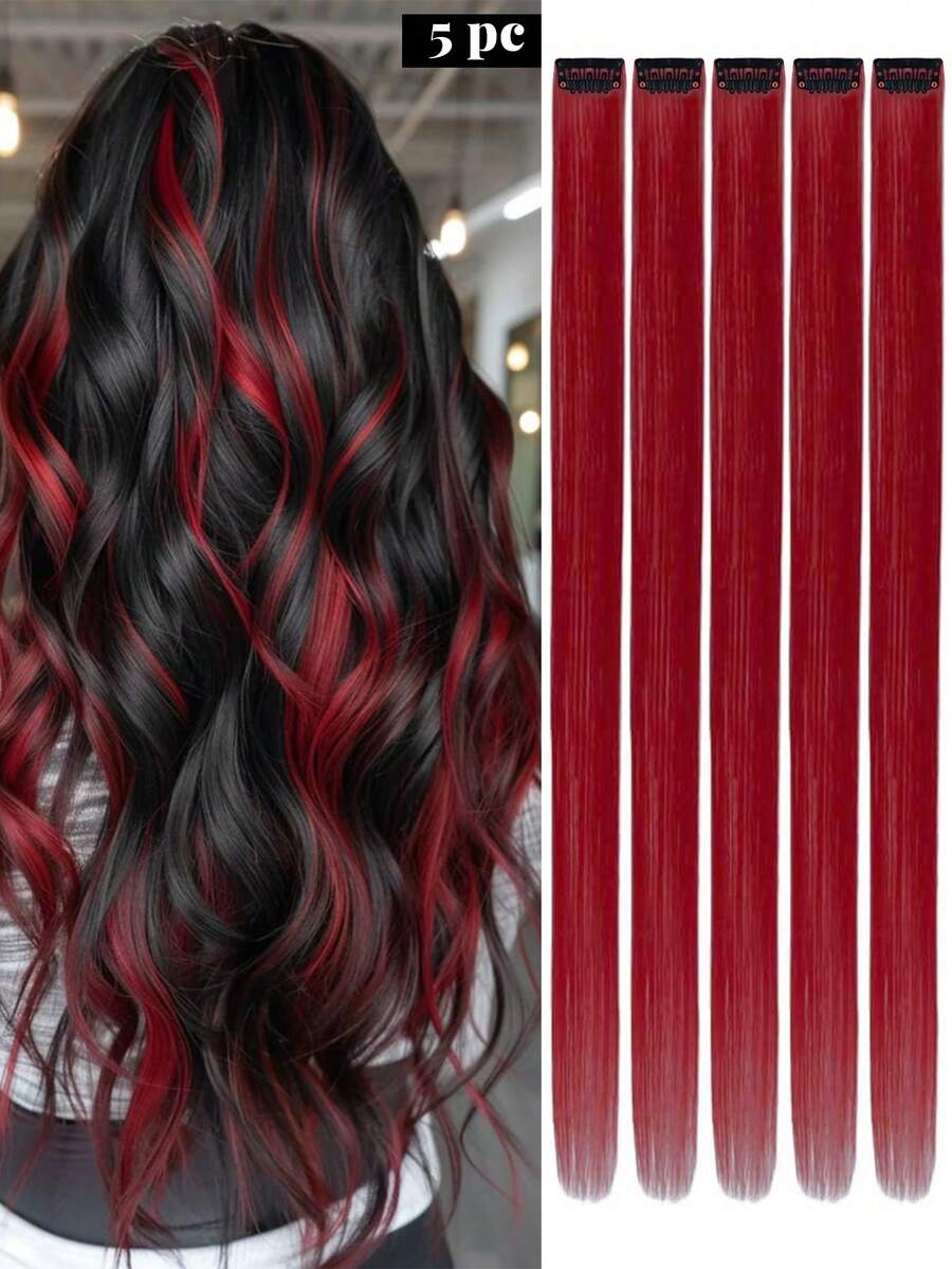 24 Inch 5pcs Burgundy Clip-In Hair Extensions Straight Hair Pieces, Halloween Cosplay Costume Fashion Party Christmas New Year - Multicolor - View 1