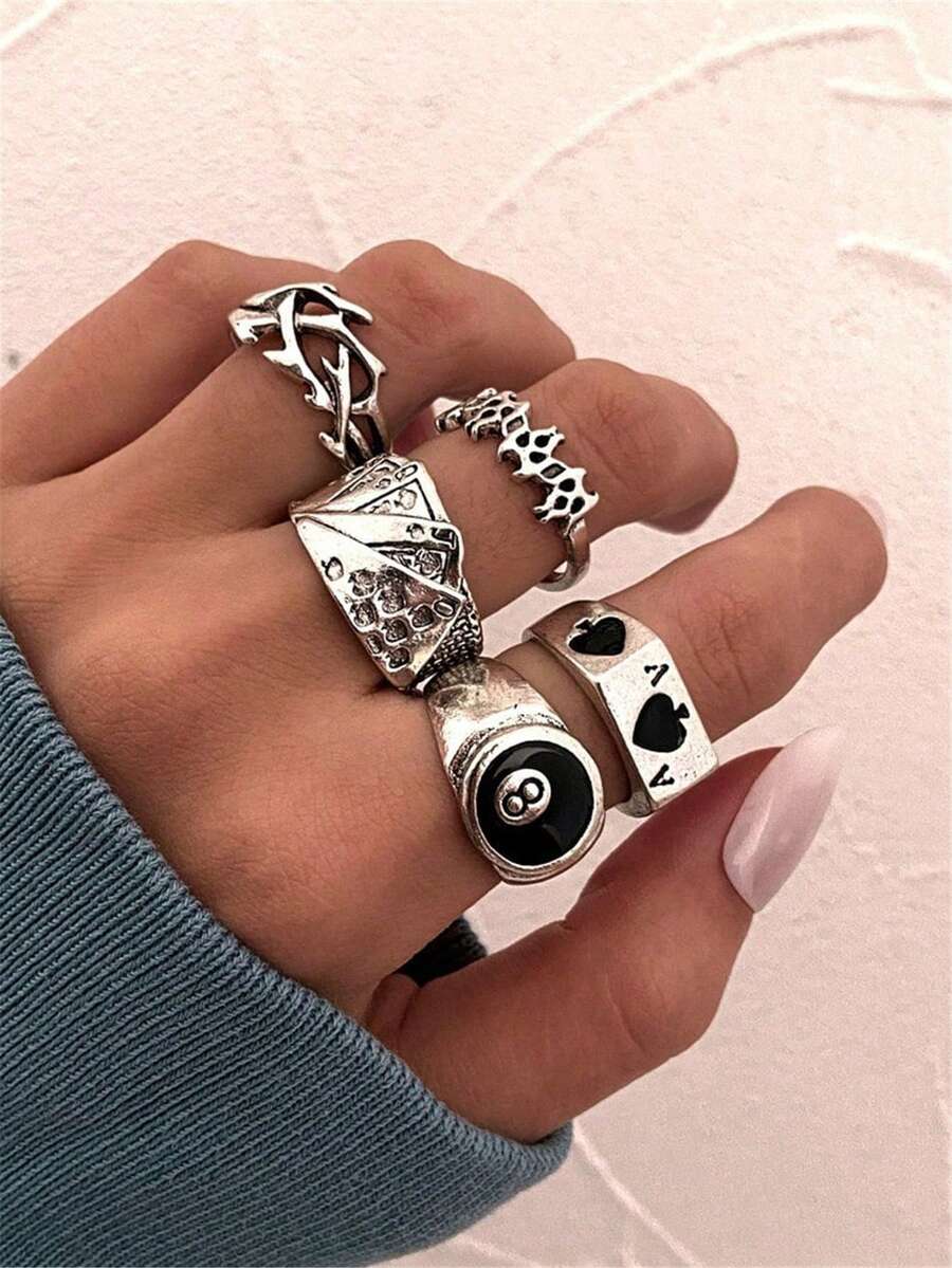 5 قطع مجموعة خواتم معدنية بشكل 8 مبتكرة عتيقة للنساء - فضي عتيق - مشاهدة 1