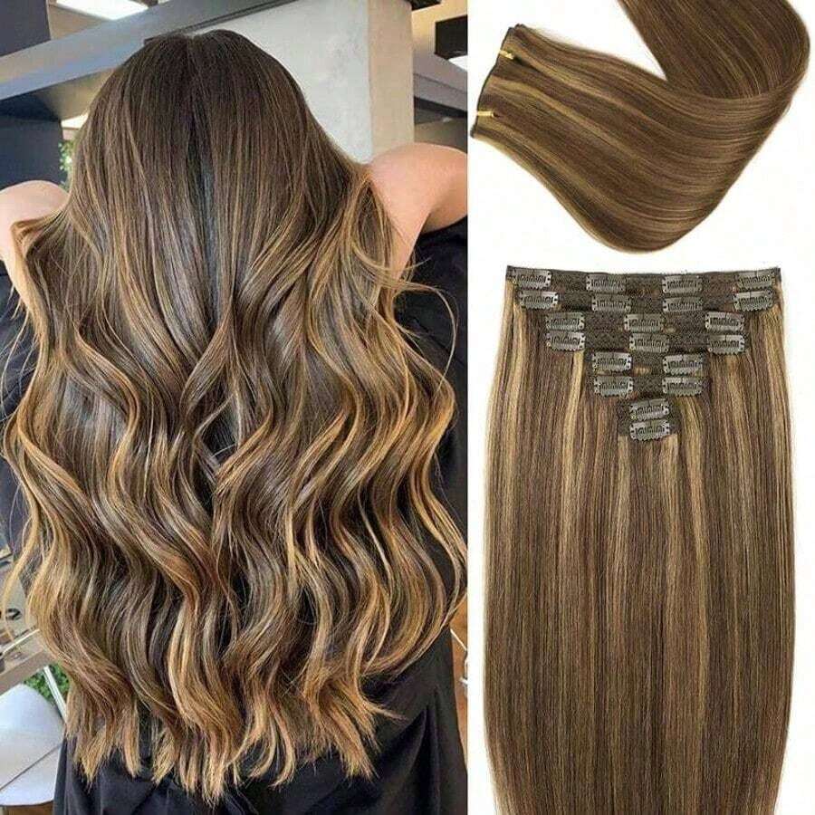 Human Hair Extensions Clip Ins Medium Brown Mixed Caramel Blonde Clip In Hair Extensions #4/27 Blonde Highlights Real Hair Extensions Clip In Human Hair For Women 8pcs - S4/27 - Xem 1
