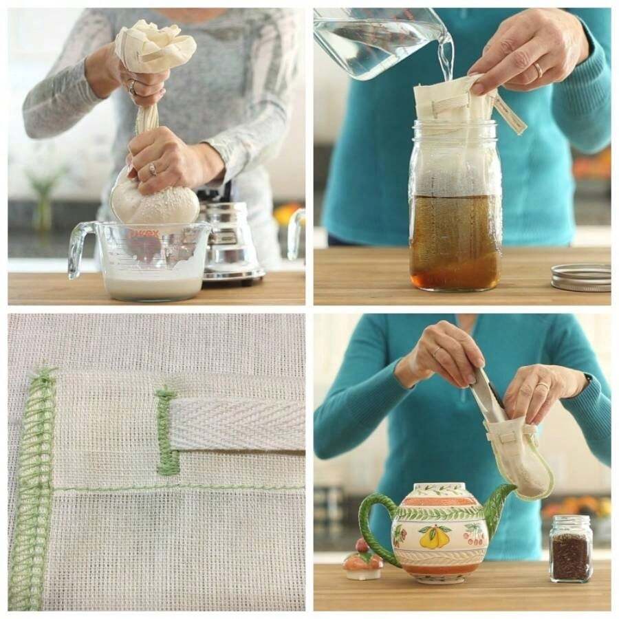 Worlds Best Reusable Organic Cotton Muslin Fine Mesh Straining Bags - Set of 4 L, S, XS nut milk, cold brew, coffee, loose leaf tea infuser, food pulp strainer - Juego de 4 (L, M, S, XS) - Ver 1