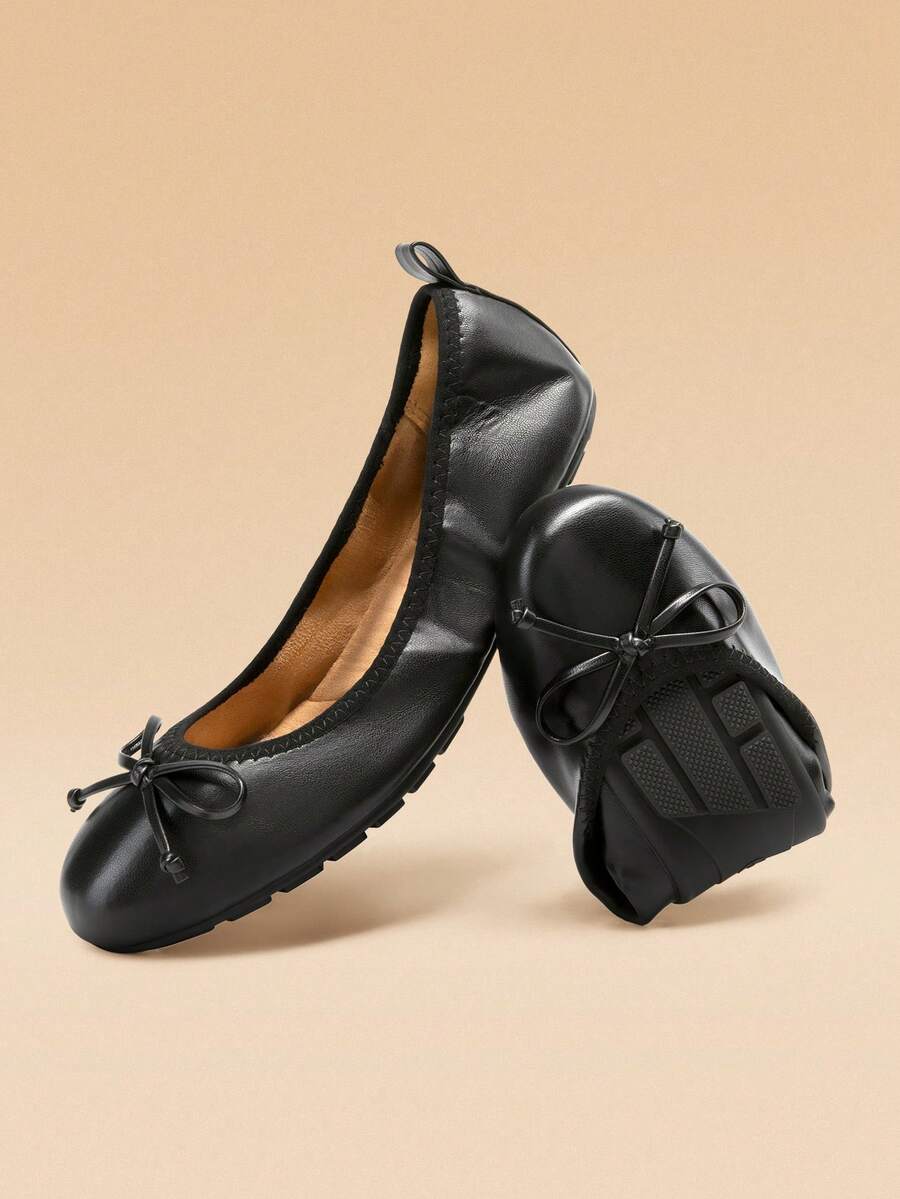 Women Black Bow Knot Flats Slip On Ballet Flats Round Toe Foldable Comfortable Soft Lightweight Travel Vacation Dress Flats Shoes - màu đen - Xem 1