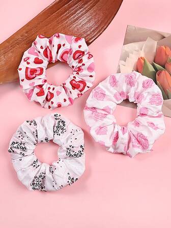 3pcs Valentine's Day Satin Scrunchies, Heart, Rose, Bow Print, Gentle On Hair Accessories For Women ,Hair Ties ,Scrunchy Hair Ties