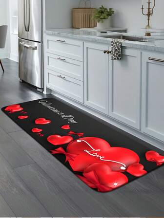 1pc Valentine's Day Themed Kitchen Mat, Artistic Text & Romantic Heart Pattern, Absorbent Non-Slip Bathroom Rug, Thick Soft Runner Carpet For Hallway, Bedroom, Modern Cute Water-Absorbing Quick-Drying Kitchen Floor Mat, Area Rug For Party & Home Decor