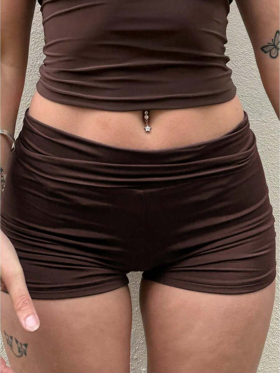 Women's Summer Fold Over Shorts Solid Color Low Waist Ruched Bodycon Short Pants - Marrón - Ver 1