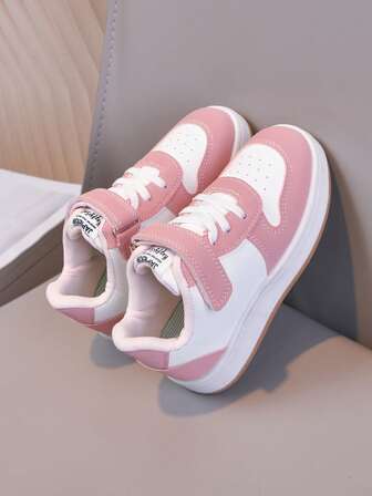 1 Pair Kids' Soft Sole Non-Slip Casual Sneakers, Pink & White Color Block, Hook And Loop Closure For Easy Wear, Breathable Holes, Durable & Comfortable, Suitable For School Or Outdoor, Toddler/Little Kid Sizes