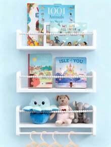 Children's Room Bookshelf Set, 3 Pieces, Natural Wood Wall-Mounted Storage Rack, Suitable For Children's Rooms, Playrooms, Bedrooms And Kitchens. - White - View 11