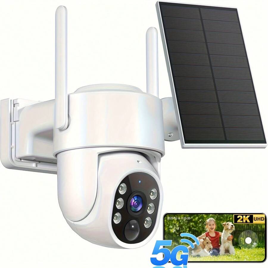 5G WiFi LTE Solar Security Camera, IP66 Waterproof, 360° Real-Time View, 4MP Color Night Vision, PIR Motion Sensor, Two-Way Communication, Smartphone Application Control, 8000mAh Battery, Wireless Outdoor Monitoring, Suitable For Home, Garage, Yard, Pet Monitoring. - White - View 1