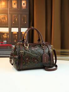 2026新款复古花卉大容量手提枕包，手绘渐变雕花女士波士顿枕形通勤包 - 咖啡 - 查看 2