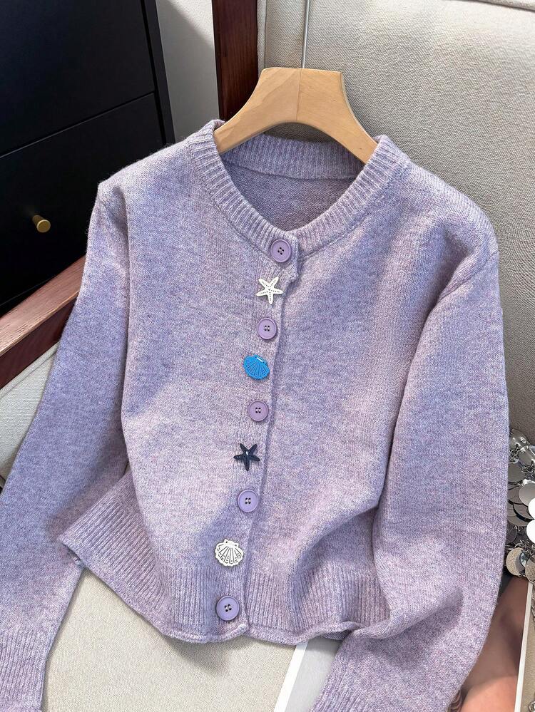 JIANHU Chaqueta de punto tipo cárdigan de estilo de playa primaveral para mujer - Suéter de cuello redondo suave decorado con botones de estrella de mar y concha, perfecto para fiestas del Día de San Patricio y uso casual - Morado - Añade 4