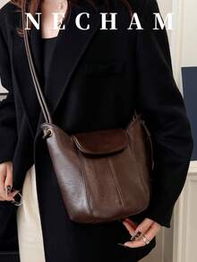 1pc Adjustable Strap Vintage Patchwork Bucket Bag, Minimalist Crossbody Bag For Women - Coffee - View 8