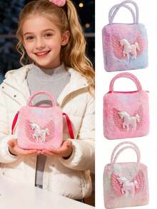 Cute Sequins Unicorn Plush Handbag, Cartoon Faux Fur Coin Purse, Rainbow Fluffy Handbag For Girl - Multicolor - View 2