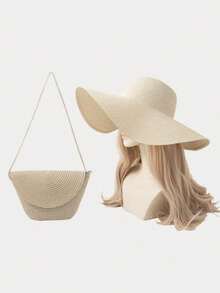 2 Peças Conjunto Mulher Boêmio Chapéu de Palha Cor Sólida + Bolsa Flip de Palha, Adequado para Primavera Praia, Praia, Passeio Diário, Traje de Moda Adequado para Férias Diárias, Viagens, Laço, Vibes de Férias de Natal, Relaxamento de Praia, Outono, Natal, Inverno, Presentes de Natal, Acessórios Quentes
