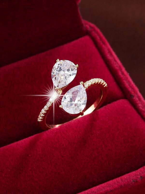 1pc Fashionable Geometric Water Drop Shaped Criss-Cross Artificial Zirconia Adjustable Ring For Women