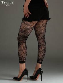 1件装女士加大码高弹提花网眼踝长打底裤，哥特风花卉图案紧身裤，时尚性感黑色网眼长袜，适合所有季节 - 黑色 - 查看 4