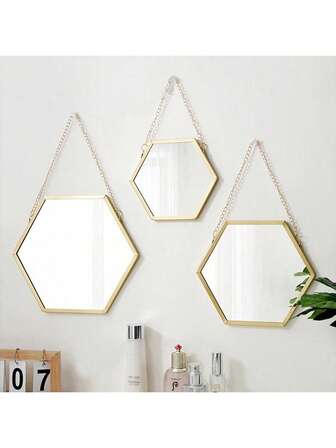 Espejo decorativo hexagonal de arte de hierro nórdico moderno para decoración de pared en sala de estar, espejo colgante de maquillaje, espejo de maquillaje de baño, decoración de pared de dormitorio, baño, dormitorio, espejo de vestir, regalo del Día de la Madre