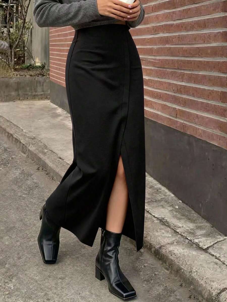 女士黑色高腰修身侧开衩半身裙，性感夜店风长裙，显瘦长裙，日常百搭，春夏款 - 黑色 - 查看 1