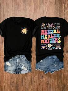 Howell Casual Loose Short Sleeve T-Shirt With Slogan Print Black Summer - Black - View 1