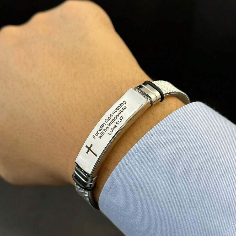 Adjustable Stainless Steel Bible Bracelet, Cross Saying Scripture "For With God Nothing" Quote Cuff Bracelet Jewelry, Motivational Daily Wear Jewelry Bracelet, Holiday Gift - Because In the Presence Of God, - View 1
