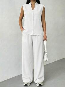 A&DD MODA,REF:Y287 - Women's Solid Color Two-Piece Set, Consisting Of A Sleeveless Vest And Loose-Fitting Trousers, With Upper Body Pockets And Elastic Waistband, Suitable For Daily Outings - White - View 4