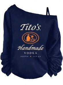 Black Off - The - Shoulder Sweatshirt With Tito's Handmade Vodka Logo & Text, Orange Circular Bottle & Cask Logo, AUSTIN TEXAS Red Star Design - Casual Fashionable Crew Neck Top For  Wear- Plus Size Asymmetric Neck Long Sleeve Sweatshirt - Women's Fall Top - Women's Winter Outfits: Elegant Conjunto De Mujeres + Flowy Top, Blusas & Top Negro - 藏蓝色 - 查看 1