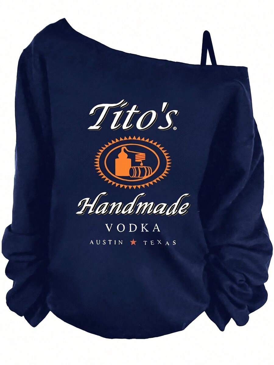 Black Off - The - Shoulder Sweatshirt With Tito's Handmade Vodka Logo & Text, Orange Circular Bottle & Cask Logo, AUSTIN TEXAS Red Star Design - Casual Fashionable Crew Neck Top For Wear- Plus Size Asymmetric Neck Long Sleeve Sweatshirt - Women's Fall Top - Women's Winter Outfits: Elegant Conjunto De Mujeres + Flowy Top, Blusas & Top Negro - 藏蓝色 - 查看 1