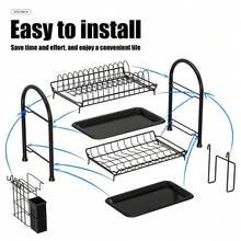 1PCS 2-Tier Wrought Iron Dish Drying Rack Large Size With Bowl Strainer, Drain Board And Utensils Holder Black - 黑色 - 查看 10