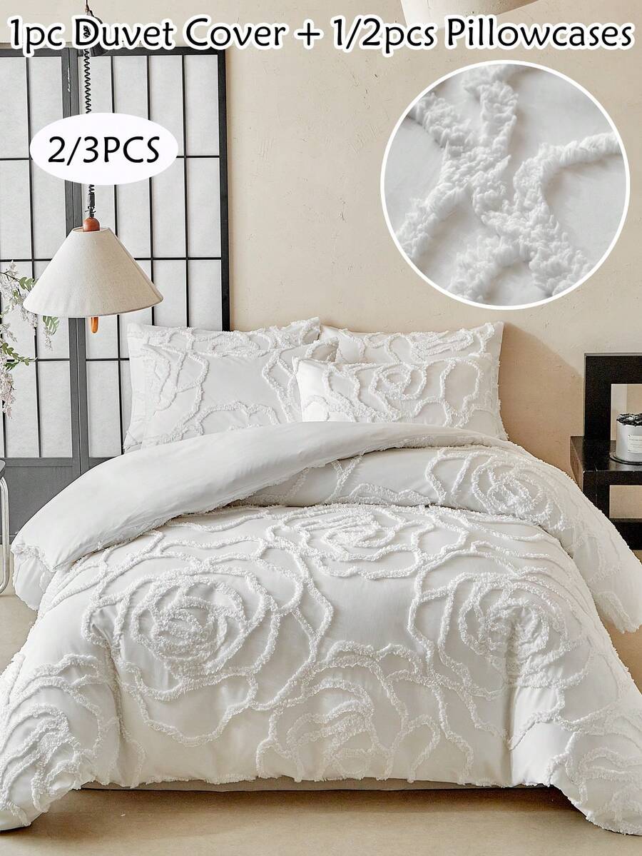 Bộ 2/3 vỏ chăn polyester họa tiết hoa hồng trắng, bộ chăn ga gối đệm hiện đại cho mọi mùa, vỏ chăn Boho, mềm mại, thoáng khí, có thể giặt bằng máy (1 vỏ chăn + 1/2 vỏ gối, không có ruột) - trắng - Xem 1