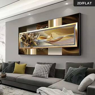 1pc Modern Abstract Geometric Lily Canvas Art Print, Frameless Large Wall Decor For Living Room, Bedroom, Kitchen - Elegant Golden And Black Design, Canvas Wall Art 50x100cm/19.68x39.37inch