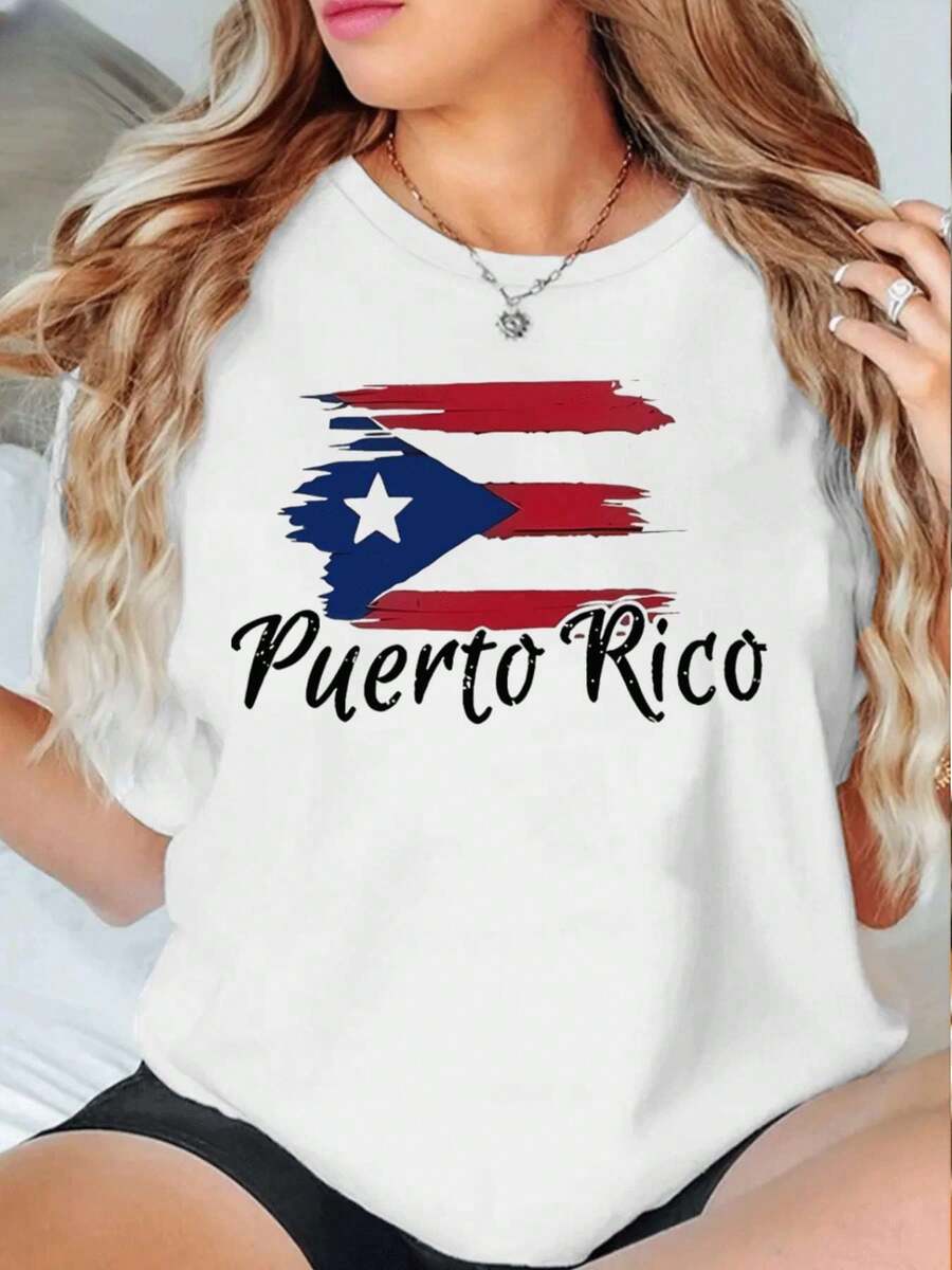 T-Shirt mit Puerto-Rico-Flagge aus weicher Baumwolle, Grafikdesign, lässig, atmungsaktiv - Weiss - Übersicht 1