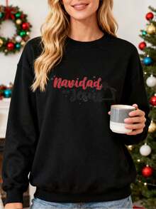 Sweatshirt para Mujer con Estampado de Navidad y Jesús, Ideal para Fiestas de Navidad, Regalo para Amantes de la Navidad, Diseño Clásico y Cómodo, Suave y Agradable al Tacto, Perfecto para Uso Cotidiano y Eventos Festivos - Negro - Ver 1
