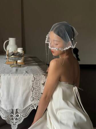 1件法式新娘婚礼发饰，珍珠流苏面纱头饰，复古风格派对服装面纱