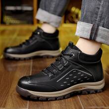 Men's Faux Leather Mid Top Hiking Boots Lace Up Reflective Stitch Non Slip Thick Sole Lightweight Outdoor Walking Shoes For Travel Camping Daily - Black - View 6