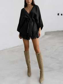 Áo khoác cardigan dệt kim dáng ngắn, cổ chữ V, tay dài buộc dây vai, hai lớp tua rua, kiểu dáng mới của Marisole dành cho nữ, kiểu dáng ôm sát, thời trang thường ngày, thích hợp cho tiệc tùng và đi chơi, phù hợp cho mùa thu và mùa đông. - màu đen - Xem 4