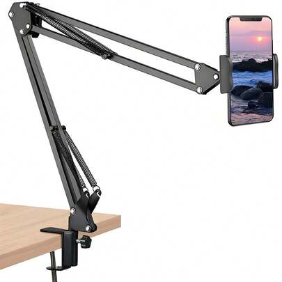 可调节倾斜臂手机支架，可折叠金属夹式支架，适用于智能手机和平板电脑，床头/桌面支架，兼容、安卓手机，生日礼物，送给家人、朋友，适用于办公室、宿舍和家庭使用，360度旋转手机支架，承重力强。