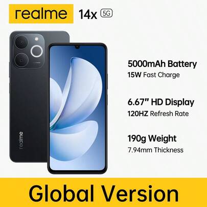 Realme 14X 5G 6GB+128GB|8GB+256GB 全球解锁智能手机，搭载联发科天玑 6300 5G 芯片，6.67 英寸 120Hz FHD+ 爱眼显示屏，6000mAh 大容量电池，45W SUPERVOOC 超级闪充，50MP AI ProLight 摄像头，IP64 防尘防水（黑色）