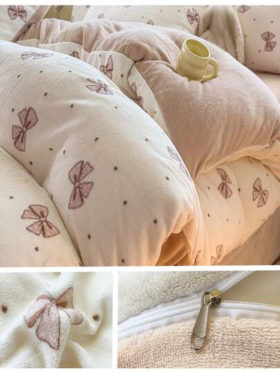 3 Piecesdouble-Sided Thick Fleece Bedding Set, Including One Duvet Cover And Two Pillowcases (Excluding Sheet And Pillows), With Bowknot And Rose Pattern, Ideal For Bedroom And Dorm Room Decoration, Soft, Instantly Warming, Keep Warm, Breathable, Sweat-Absorbent, Simple And Stylish, Machine Washable.