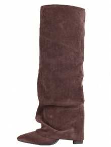 Y2K Style Women's Fold Over Boots Slouch Knee High Boots For Women Wedge Heel Pointed Toe Tall Boot, Wide Calf, Pull-On Shark Boots - Da lộn màu nâu - Xem 6
